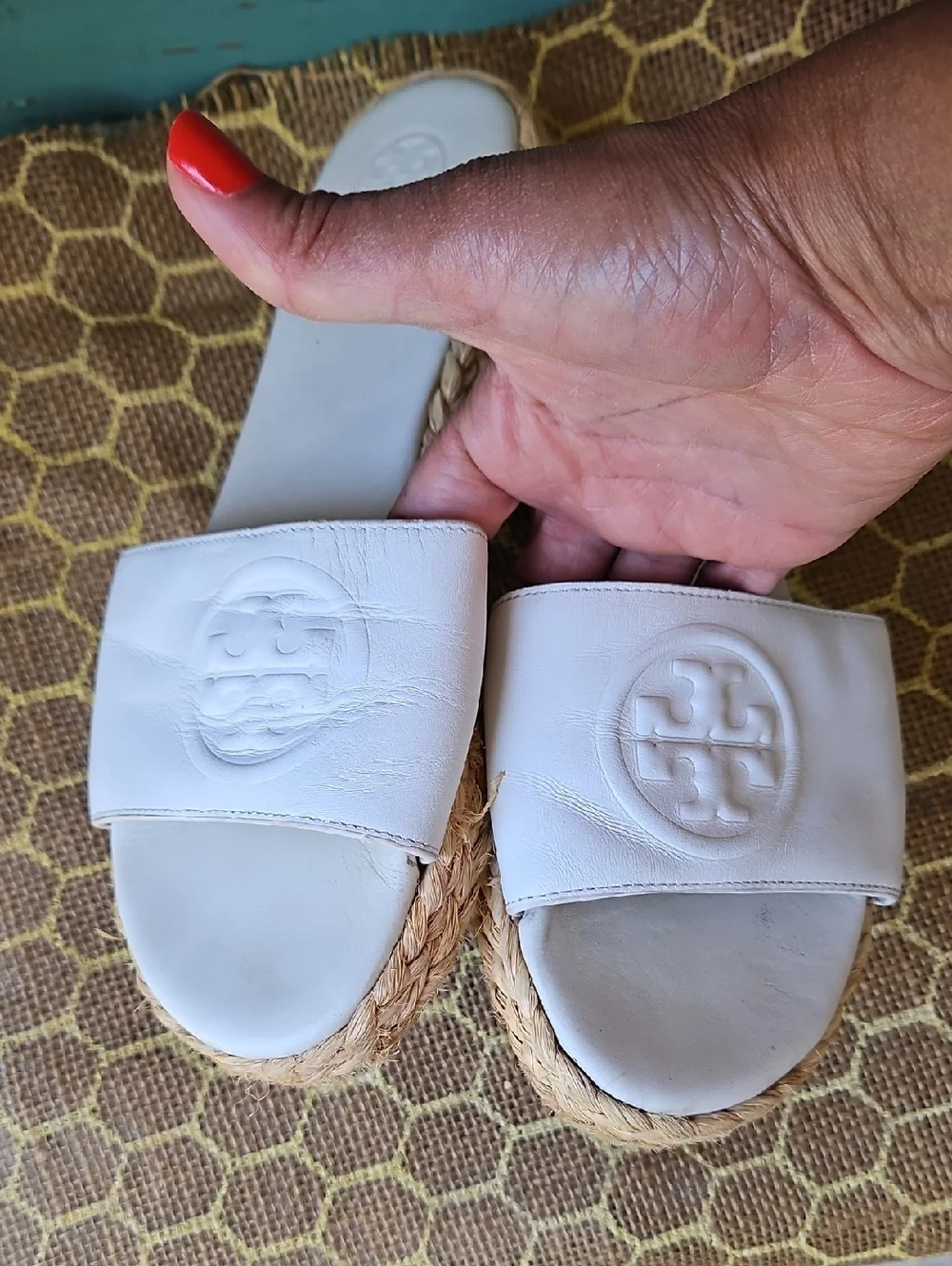 Tory Burch White Leather Espadrille Slide Flats